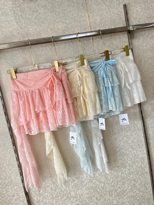 Lacey Tiered Ruched Up Mini Skirt
